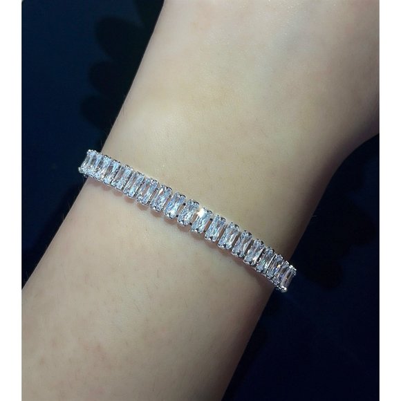 CZ Tennis Bracelet, Rectangular Diamond CZ Bracelet, Baguette Bracelet, Layering - Picture 1 of 8